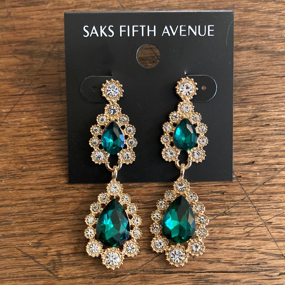Saks Fifth Avenue Emerald Green Crystal & Rhinestone Dangle Earrings NWT